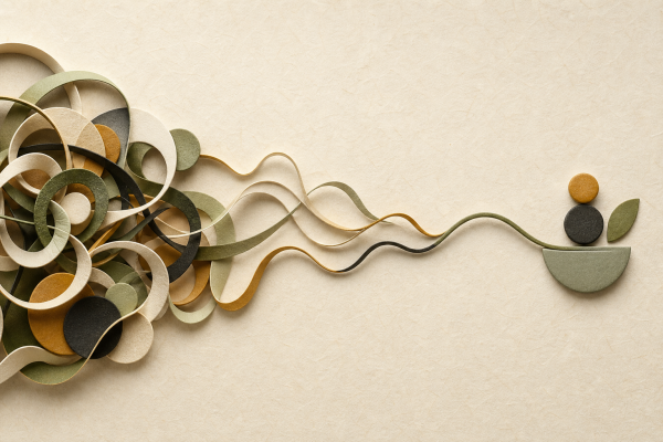 Composició de paper amb un embull de cercles i cintes verdes, ocres i crema a l'esquerra que es va desfent cap a la dreta fins a quedar en una sola línia neta, acabada en una planta petita dins d'un test.