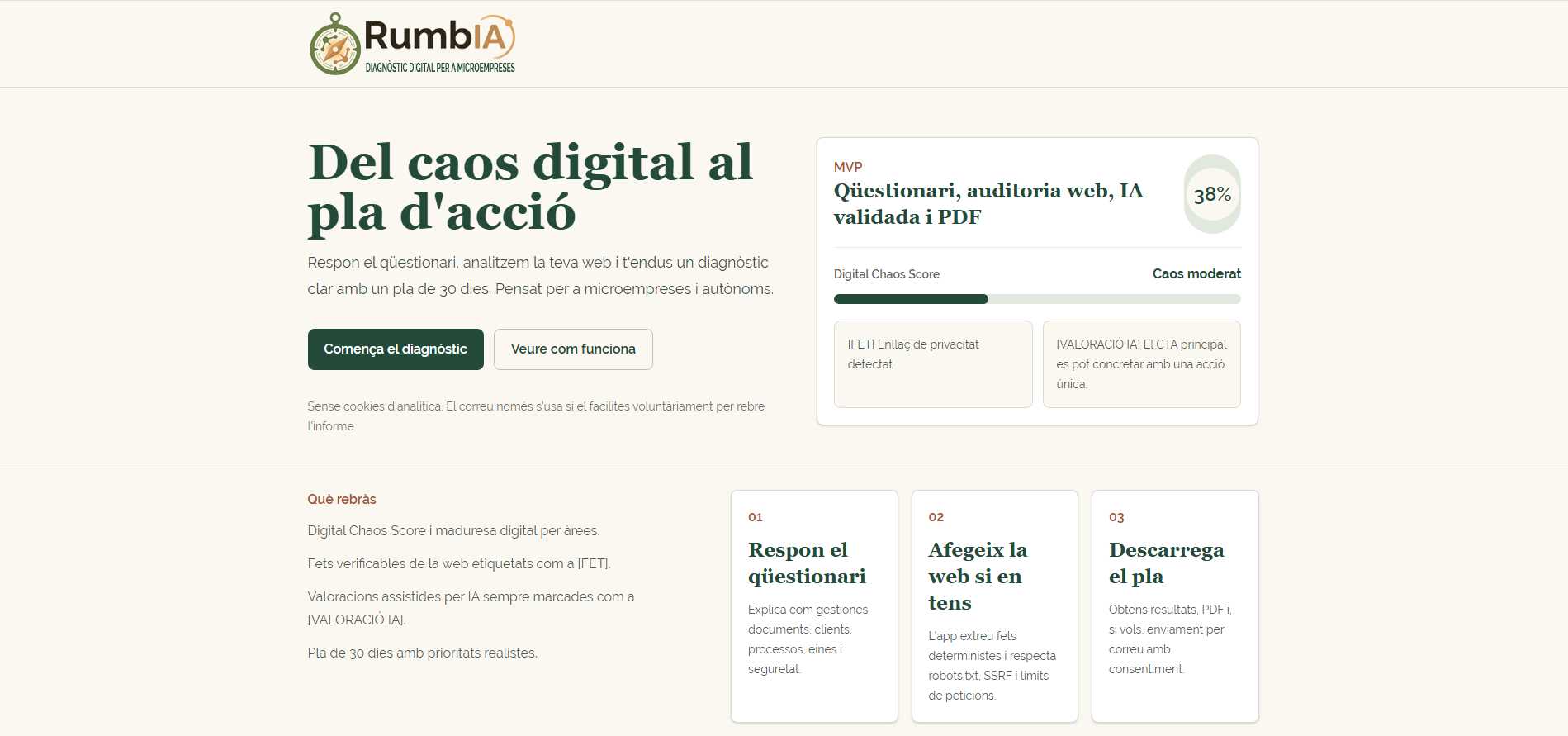 Pantalla d'inici de RumbIA amb el titular «Del caos digital al pla d'acció», una targeta d'exemple que mostra el Digital Chaos Score al 38 % amb l'etiqueta «Caos moderat», i els tres passos del procés.